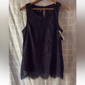 IZ Byer Tank Top Blouse Sleeveless Lace Navy Blue Women’s Sz M NWT